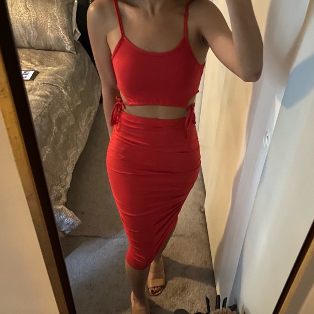 LAST ONE "Be Mine" Sexy Red Cut-out Crop Top & Ruched Midi Skirt Set
